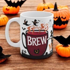 Mug with the word Brew on it and witches hats and ghouls flying around